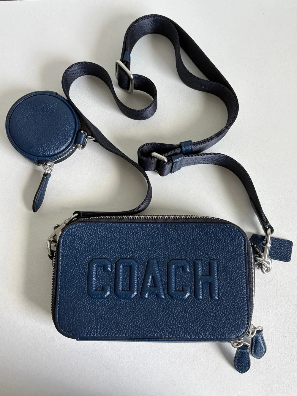 Coach Navy Fabric Interior with Tan Leather Creed Patch